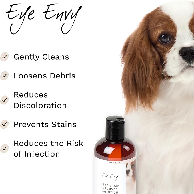Eye Envy Tear Stain Remover Solution for Dogs. 100% Natural, Safe. Treats The Cause of Stains. Recommended by AKC Breeders, Vets, Handlers, Groomers. Contains Colloidal Silver. 32 oz. Made in USA