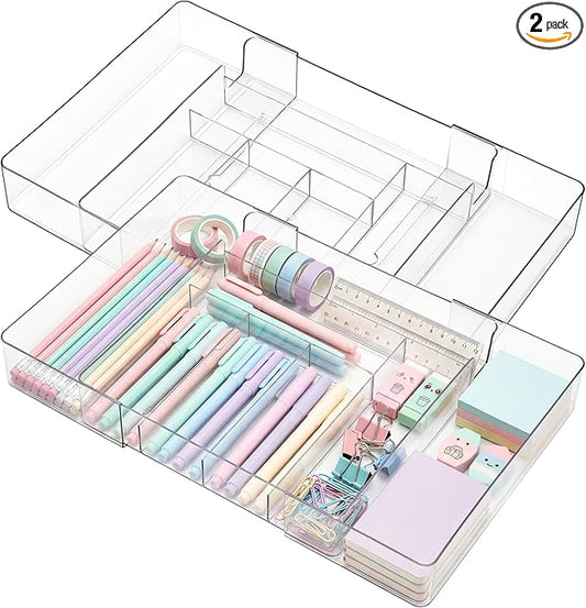2 Pcs Large Expandable Acrylic Drawer Organizers, Grid Adjustable Drawer, Dividers Organizer for Desk, Makeup, Jewelry, Office, Kitchen Supplies (Clear,8 Compartments)