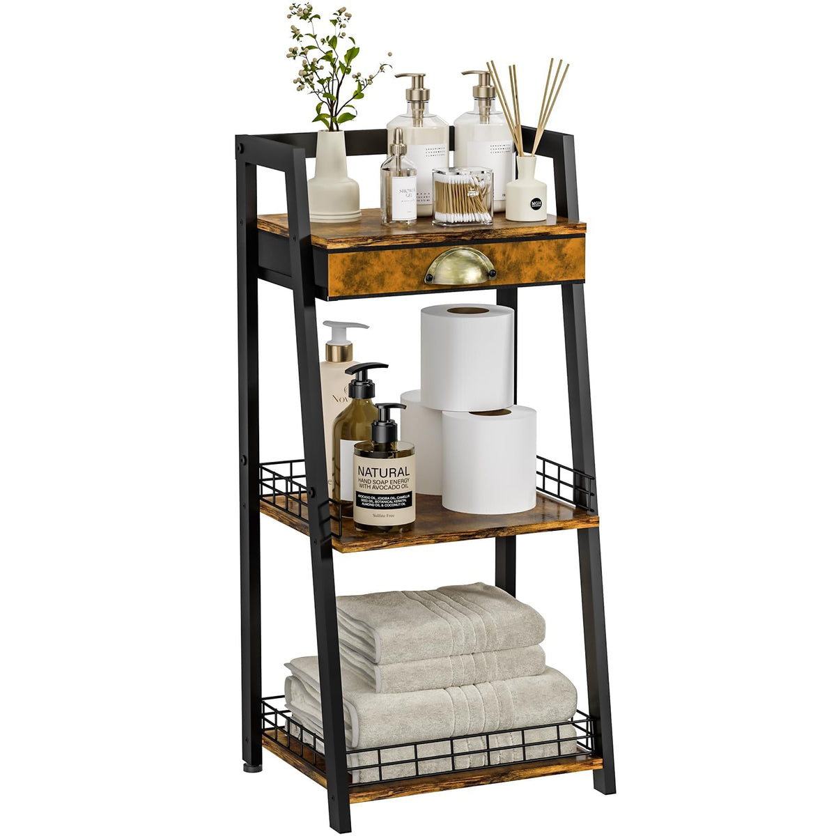keomaisyto 3-Tier Bathroom Shelves with Canvas Drawer, Floor - Image 1