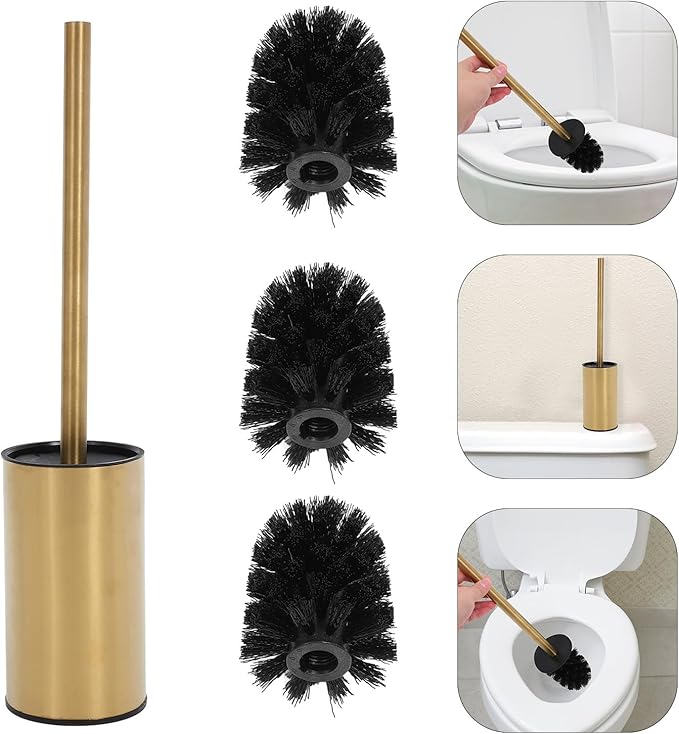 Toilet Bowl Brush with 3 Replaceable Heads and 304 Stainless Steel Holder, Round Gold Bathroom Cleaning Tool for Toilet and Bathroom Maintenance