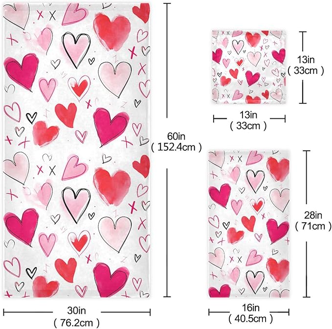 Pfrewn Doodle Romantic Pink Heart Towels Set of 3 Romantic Pink Red Love Spring Bathroom Towel Soft Absorbent Bath Hand Towels Washcloth Guest Towel Sets Mother's Valentine's Day Decorations