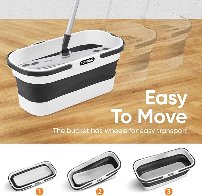 Superio Fold N' Go 10L Collapsible Mop Bucket with Wheels & Self-Wringing Microfiber Flat Mop - Portable, Hands-Free Cleaning Set for Home, Car, Kitchen, Bathroom, Hardwood & Tile Floors