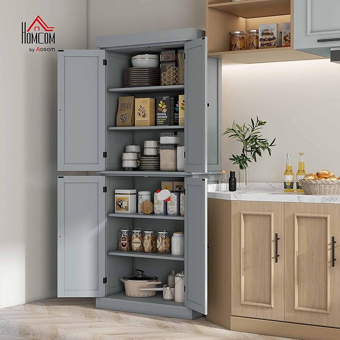 HOMCOM 72.5" Freestanding Kitchen Pantry Cabinet, Tall Storage Cabinet with 4 Doors and 2 Adjustable Shelves for Dining Room, Gray