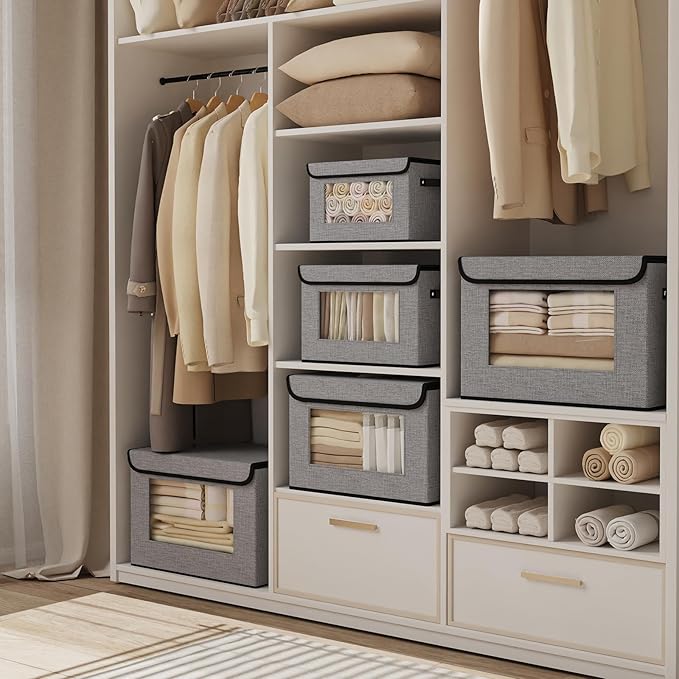 Storage Baskets with Lids, Fabric Storage Boxes with Handles, 10.2 x 7.8 x 6.7 Inch Closet Organizers for Shelves Bedroom Office, Gray, 3-Pack