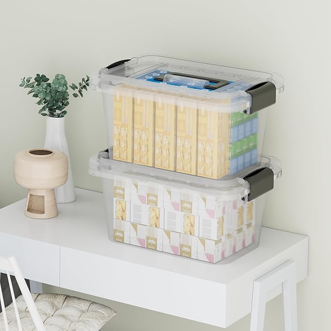 Lidded Storage Bin, Tote Organizing Container with Handle and Buckles, Stackable, Plastic, Clear, 6.8Qt, Pack of 20