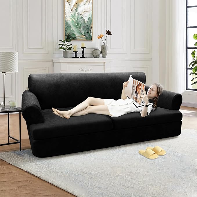 3-Pieces T Cushion Sofa Slipcovers Leather Look Couch Cover for 2 Cushion Couch Furniture Protector Stretch Sofa Cover with 2 Individual T Cushion Seat Covers Washable, Black