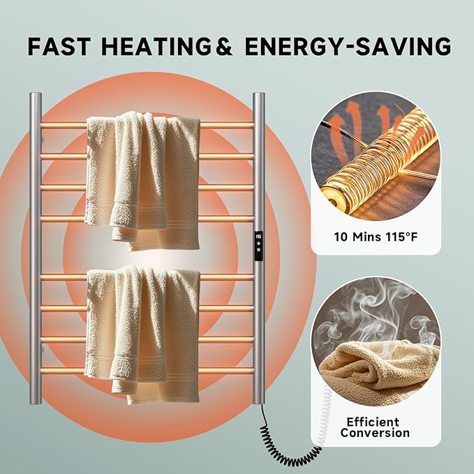 Wall Towel Warmer Rack for Bathroom - 8 bar Heated Towel Rack Timer and LED Indicator for Bathroom, Wall Mounted Electric Towel Rack, Stainless Steel Brushed, Plug-in