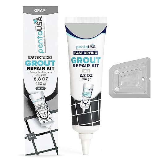 PentaUSA Tile Grout Repair Kit - Premixed Acrylic Sanded Grout for Bathroom,Shower&Kitchen, Repairs, Renews & Restores, Waterproof Formula, Gray, (8.8oz / 250gr)