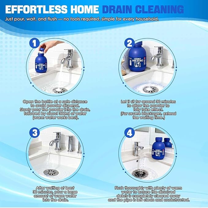Pipe Bobo Drain Cleaner, Professional Strength Pipe Dredging Formula for Kitchen Sinks, Shower Drains, Tubs, Dissolves Blockages (3Pcs)