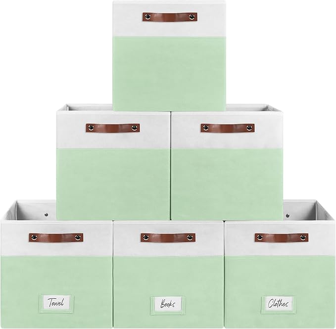 6-Pack Storage Cubes with Handles & Label Holders Basket, Closet Cube Home Organizer Bins(White/Green, 13 x 13 x 13 inch)