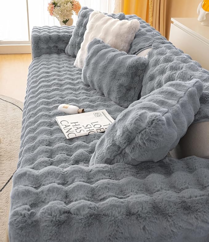 Soft Warm Faux Fur Couch Sofa Cover Thick Shaggy Fuzzy Sectional Couch Cover Non-Slip Solid Color Plush Sofa Slipcover Furniture Protector for Kids, Pets (Dark Grey,36"x36")