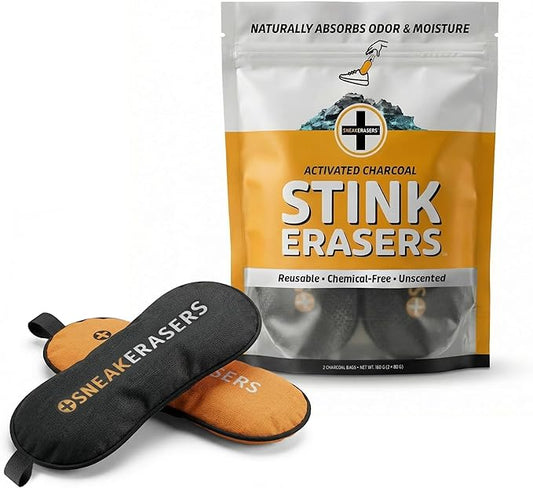 StinkERASERS Activated Charcoal Shoe Deodorizer Bags, Natural Odor Eliminator & Shoe Smell Remover, Reusable Unscented Moisture Absorber Inserts for Sneakers, Boots & Gym Bags, 2 Pack