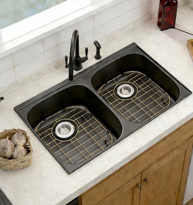 SANNO Gold Kitchen Sink Protectors Gird Sink Rack, 14.57" L X 11.2" W Bottom Grid with Rear Drain Hole for Double Sink, Stainless Steel, 2 Pack