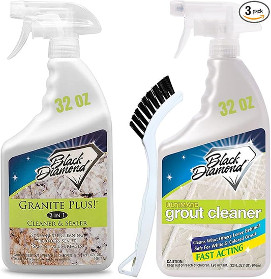 Granite Plus (Cleaner & Sealer) Deep Cleans & Seals All Natural Stone Countertops + Ultimate Grout Cleaner with Brush – Safe for Natural Stone - Acid Free - Lifts Dirt & Stains (2pack)