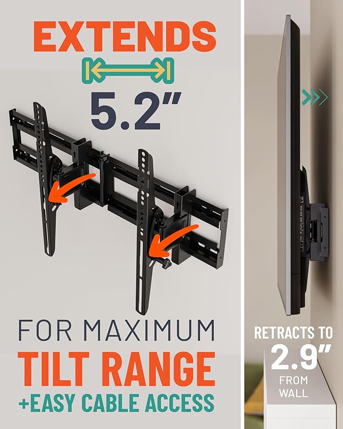 ECHOGEAR Extendable Tilting TV Wall Mount for 32 to 90" Screens up to 110lbs - Reduce Glare w/ 5.2" Extension for 12 deg Tilt - Universal TV Mount w/ 3-Step Install & Included Hardware – UL Listed