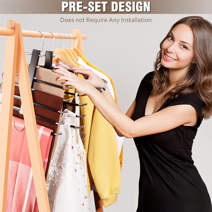 4 Pack 6-Tier Space Saving Pant Hangers, Anti-Slip, Lightweight, Stainless Steel, Black, 6 Pairs Jeans Hangers