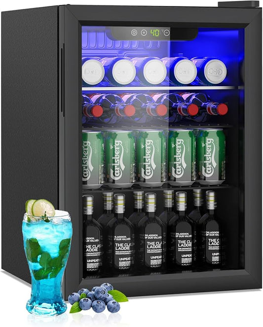2.6 Cu.ft Beverage Refrigerator Cooler, 95 Can Mini Fridge with Glass Reversible Door, Digital Temperature Display for Soda, Beer or Wine For Office or Bar with Adjustable Removable Shelves