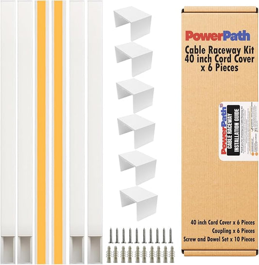 Cable Raceway Kit | 6 Pcs 1 Meter (3.3ft) Paintable Cord Cover with 6 x Connectors | Screws | Anchors & Cable Ties | Wall Mounted Cable Concealer for TV | Computer, Speaker & Office Wires