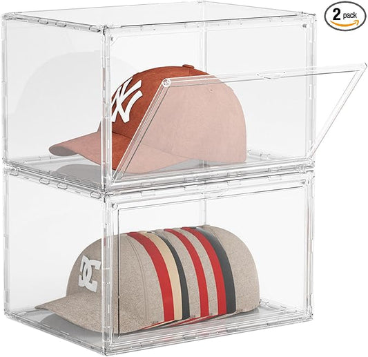 2 Pack Hat Organizer for Baseball Caps, Stackable Hat Storage Box, Acrylic Cap Display Case with Magnetic Door, Cap Holder Container for Closet, Each Holds 10 Hats Clear