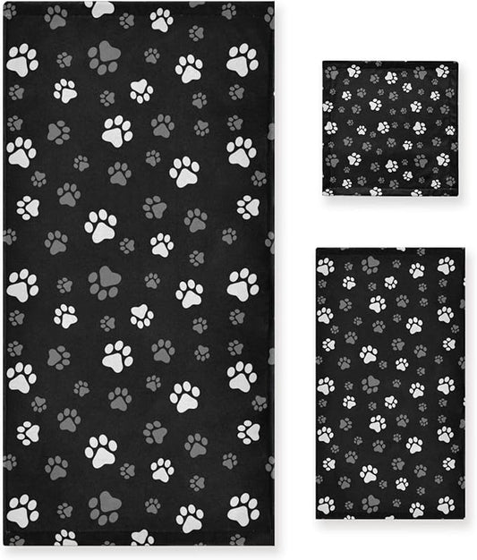 3 Piece Black White Grey Dog Paw Print Bath Towel Set,Microfiber Decorative Cute Puppy Animal Footprints Bathroom Towels,1 Bath Towel 1 Hand Towel for Bathroom Kitchen,1 Washcloth for Face