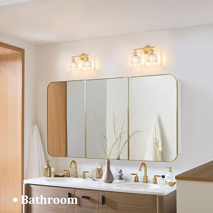 Bathroom Light Fixtures, 2-Light Brass Vanity Wall Light Over Mirror with Clear Tulip Glass Shade for Bedroom Living Room (Bulb Not Included)