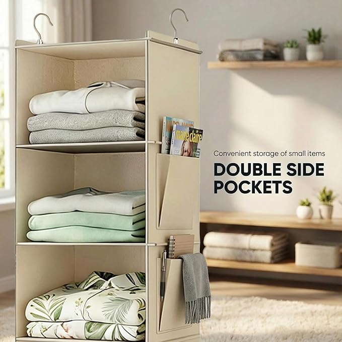 2 Pack 6-Shelf Hanging Closet Organizer, Closet Hanging Storage Shelves with Side Pockets for Clothes, Shoes, Accessories, Wardrobe Organizer, Space Saving Solution