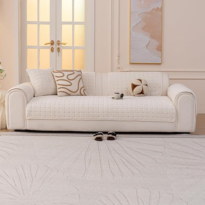Velvet Sofa Covers Washable, Plush Warm Couch Cover for Loveseat, Funny Fuzzy Couch Covers for Pets&Kids, Non-Slip Sectional Sofa Cover(1PC, Beige White, 35.4"×63", Loveseat)