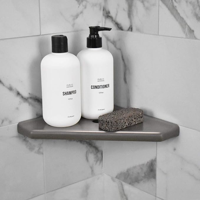 Questech 8" Corner Shower Shelf - Lugged for New Construction, Shower Organizer for Tiled Walls, Corner Caddy Soap Dish Bathroom Storage, Geo Lugged, Brushed Nickel Finish