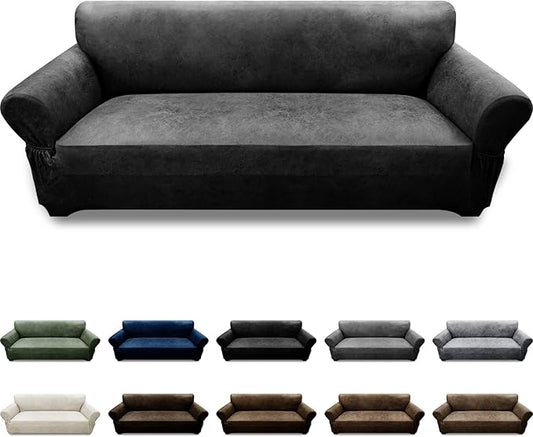 Couch Cover Leather Look 3 Seater Couch Sofa Cover 1-Piece Sofa Slipcover Stretch Furniture Protector with Elastic Bottom & Pockets(Sofa, Dark Grey)