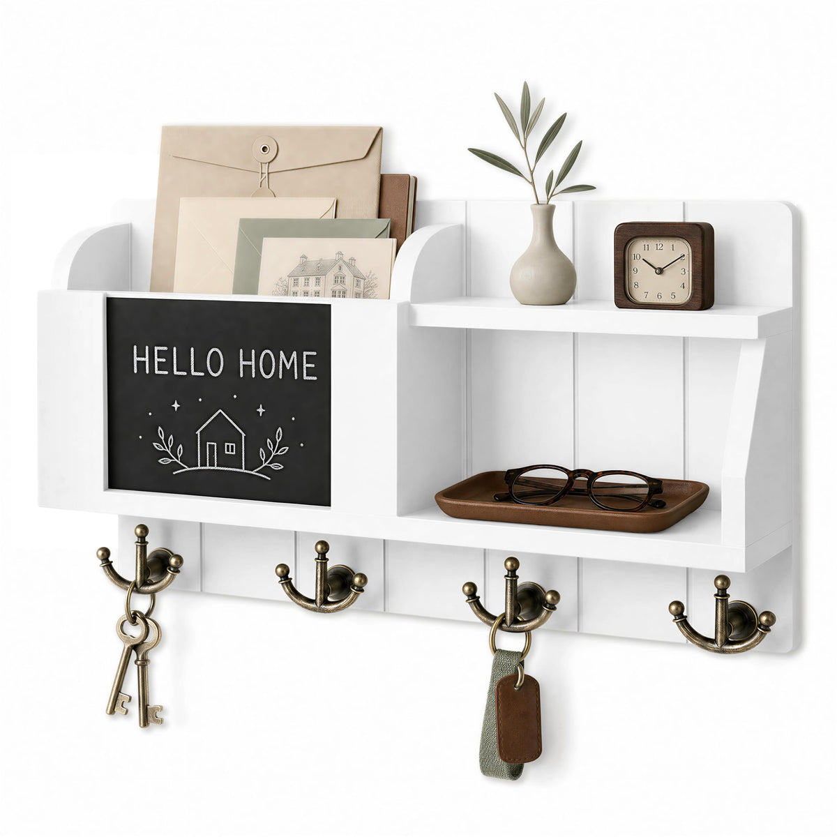 Key Holder Wall Mount with Mail Organizer for Entryway, White - Image 1