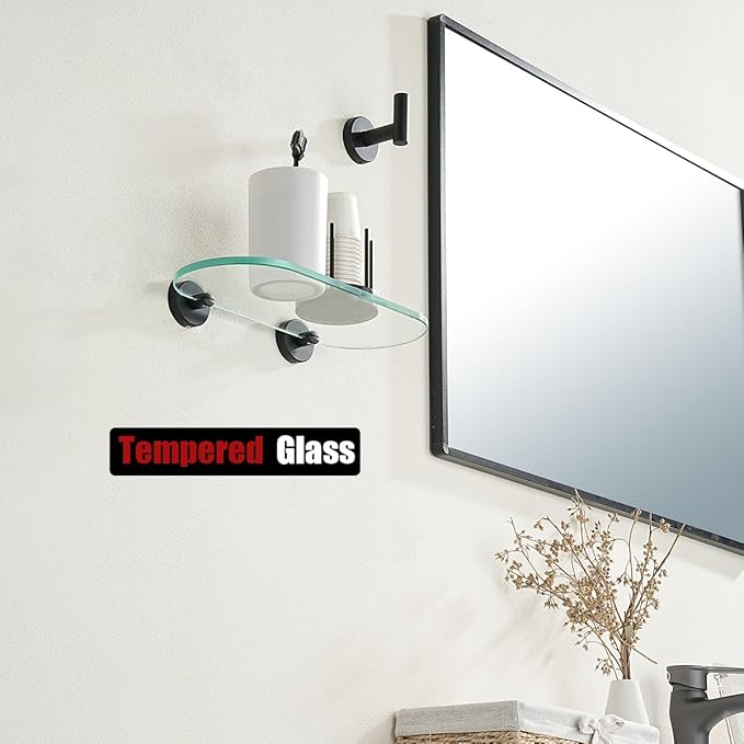 JQK Bathroom Glass Shelf Black, Tempered Glass Shower Storage 12 by 5 inches, 304 Stainless Steel Matte Black Wall Mount, TGS121L12-PB