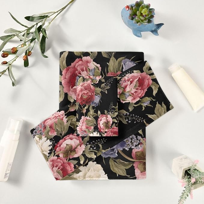 Vintage Peony Floral Bath Towels Set,Ultra Soft 3 Piece Watercolor Rose Flower Pattern Black Towels for Bathroom,1 Bath Towel 1 Hand Towel 1 Washcloth,Absorbent Decoractive Bathroom Towels