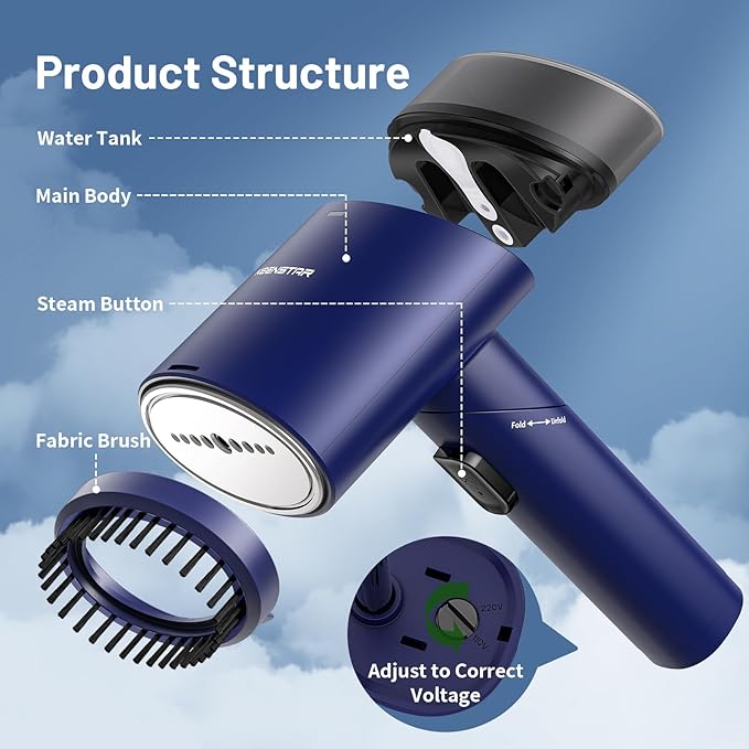 KEENSTAR Steamer for Clothes, Handheld Clothes Steamer and Garment Wrinkle Remover, 15s Fast Heat-Up, Foldable, 120V/220V Dual Voltage for Worldwide Travel