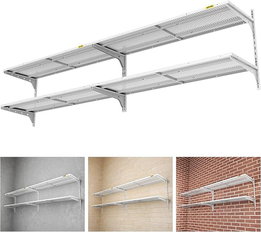 2-Pack 2 Tier 1.3x4ft Garage Shelving Wall Mounted, 520lbs Load Capacity，15.6x48inch per Shelf Height Cassette Adjustable Floating Shelves (White)