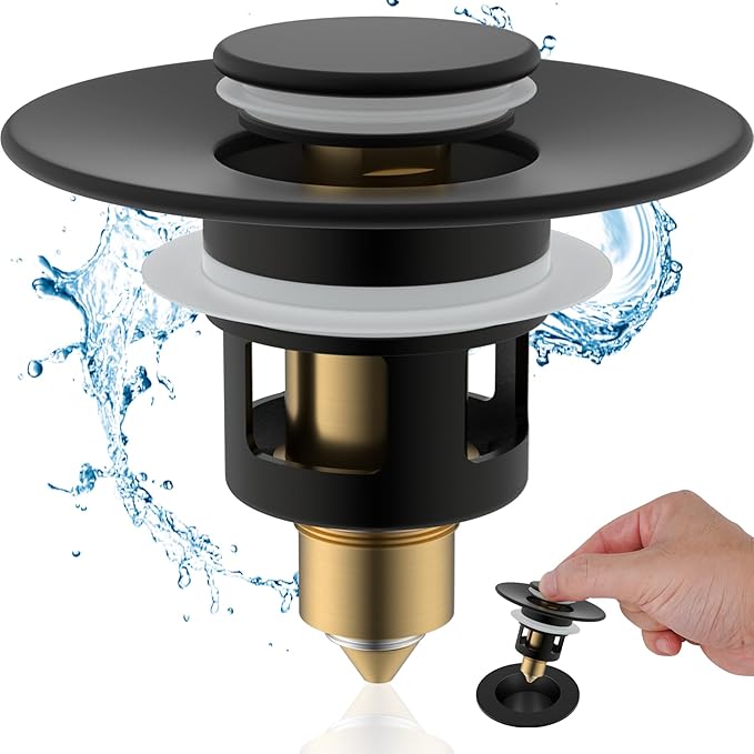 Hibbent All Metal Universal Bathroom Sink Stopper for 1.1''~2.3'' Basin, Pop Up Sink Drain Strainer, Brass Bullet Core Push Type Stopper, Stainless Steel Anti Clogging Drain Filter, Matte Black