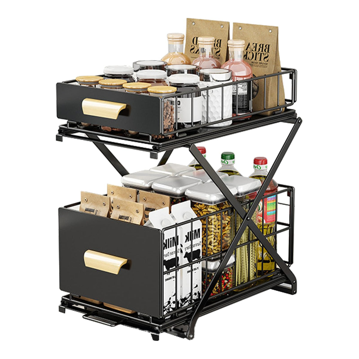 2 Tier Pull Out Cabinet Organizer, Under Sink Organizer, Black - Image 1