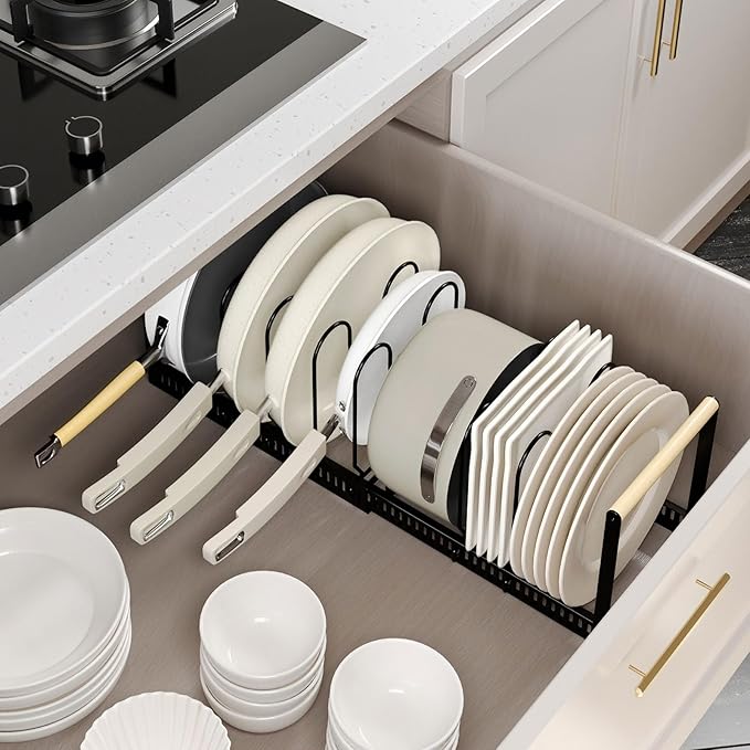 SKORDO Pot and Pan Organizer Rack, Expandable Under Cabinet Rack with 8 Adjustable Compartments Perfect for Heavy Cookware & Pot Lids (Black)