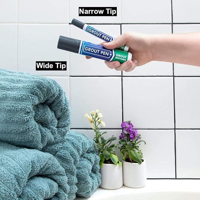 Grout Pen Tile Paint Marker: Waterproof Grout Colorant and Sealer Pen to Renew, Repair, and Refresh Tile Grout - Cleaner Coating Stain Pens - 2 Pack, 5mm Narrow and 15mm Wide Tip Pens - Grey