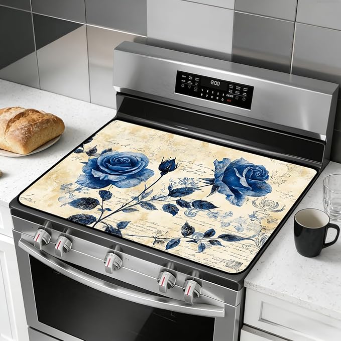 Glass Stove Top Covers for Electric Stove, Heat Resistant Counter Protector Mat, Non Slip Waterproof Surface Cover for Kitchen Counter and Cooktop (Blue Roses, 28"L x 20"W)