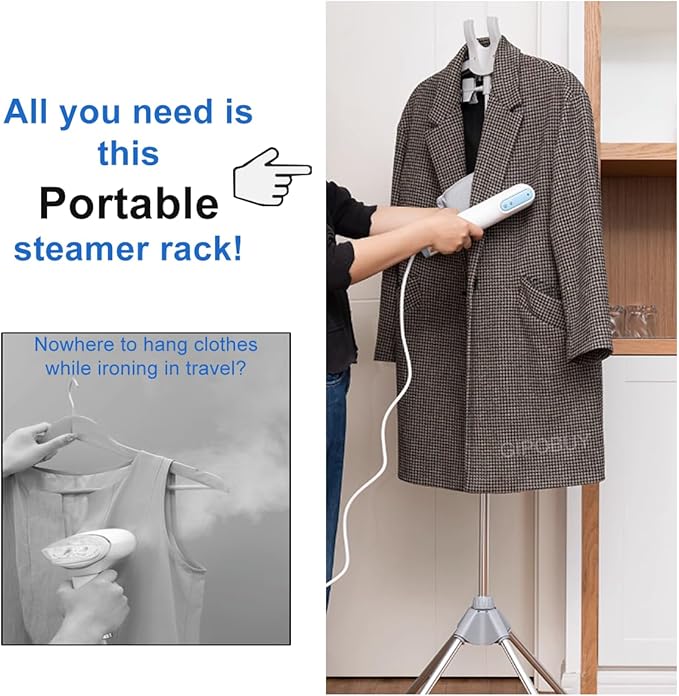 Portable Steamer Stand for Clothes, Steamer Rack Steam Iron Stand for Steaming Clothes, Travel Garment Hanger Steaming Racks, Handheld Steam Cloth Racks for RV, Home, Hotel +2 Bags+1 Lint Remover