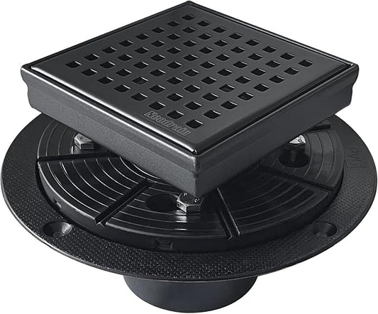 Neodrain 4-Inch Square Shower Drain with Removable Quadrato Pattern Grate, 304 Stainless Steel, Includes PVC Shower Drain Base&Hair Strainer, Shiny Black