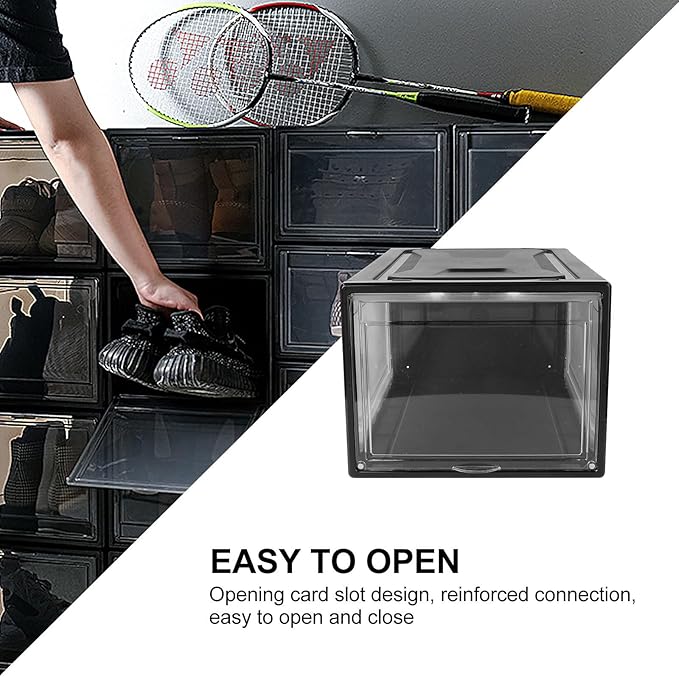 Sneaker Shoe Box with Clamshell Lid Large Stackable Shoe Organizer Container Black Sturdy Household Storage Closet Space Saving