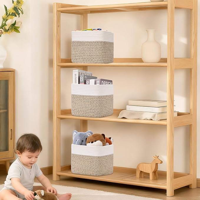 3 Pack Cube Storage Bin, 9”x9”x7” Cotton Rope Woven Baskets for Organizing Toys Clothes Towels, Square Gift Storage Baskets for Shelves, Nursery, Closet, Bathroom, Pantry (White & Jute)