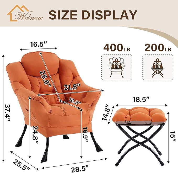 Welnow Lazy Chair with Ottoman for Living Room, Modern Reading Lounge Accent Chair with Armrests and a Side Pocket, Leisure Upholstered Lazy Sofa for Small Space, Bedroom, Dorm, Orange