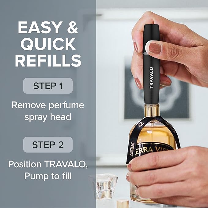Travalo Lux Perfume Atomizer Gift Set Black & Gold - 2 Pc Leak-Proof, Airtight, Easy to Fill Mini Spray Bottles - Travel Size Perfume Refill Bottle with Polished Metal Alloy Outer Shell
