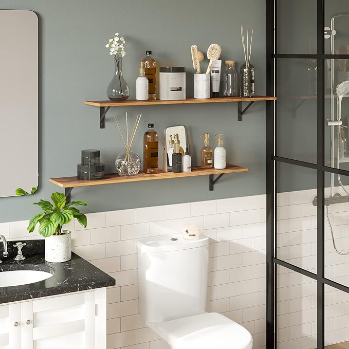 Wall Shelves Set of 2 — 39" Rustic Brown with Metal Brackets