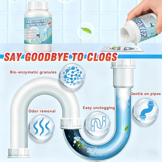 Drain Clog Remover, Hair Drains Clog Remover, Crystal Lye Drain Opener Unclog Bathroom and Kitchen Sinks, Drains, Shower Pipes, Removes Hair, Soap Scum, Blockages, 260g