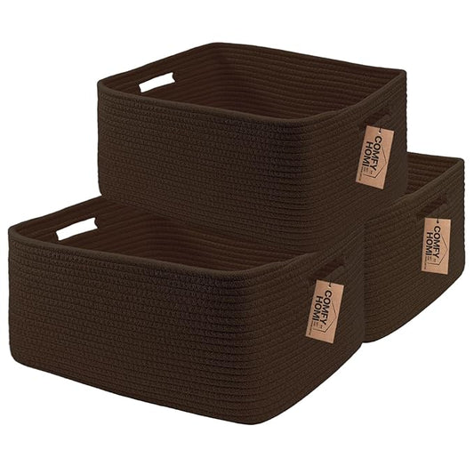 COMFY-HOMI 3 pcs Large Storage Baskets for Shelves, Laundry Basket, Woven Rope Basket, Closet Organizer Bins for Clothes Blanket Towels, Baby Nursery, Gift Toy Baskets, 17” x 13” x 7.5”-Dark Brown