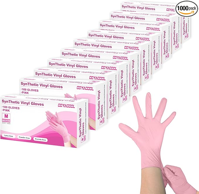 Disposable Gloves Medium, Nitrile and Vinyl Blend Material Gloves, Latex Free, 4 Mil 1000 Pc Food Grade Glove for Cleaning, Food Prep, Hair Dye, Tattoo, Pink
