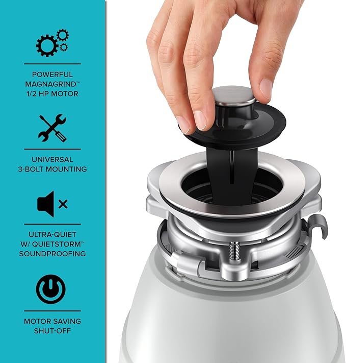 KRAUS WasteGuard 1/2 HP Continuous Feed Garbage Disposal with Ultra-Quiet Motor for Kitchen Sink with Power Cord and Flange Included, KWD201-50MCG
